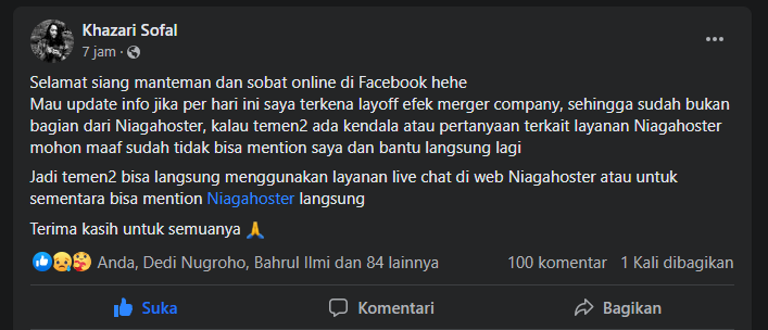 VIRAL!!! Khazari Sofal sudah bukan bagian dari Niagahoster